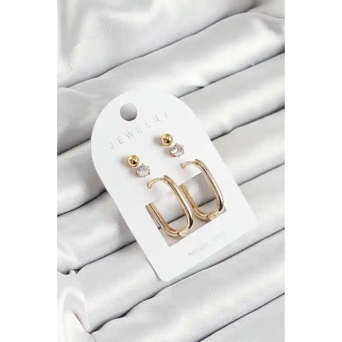 Pirinç Zirkon Taş Ve Dikdörtgen Figürlü Gold Renk 3lü Çift Kadın Küpe Set