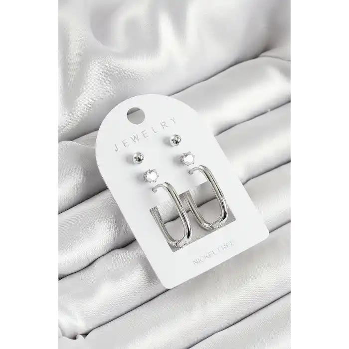 Pirinç Zirkon Taş Ve Dikdörtgen Figürlü Gümüş Renk 3lü Çift Kadın Küpe Set