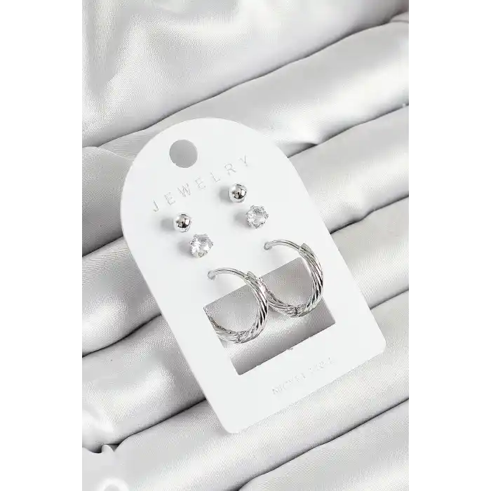 Pirinç Zirkon Taş Ve Halka Figürlü Gümüş Renk 3lü Çift Kadın Küpe Set