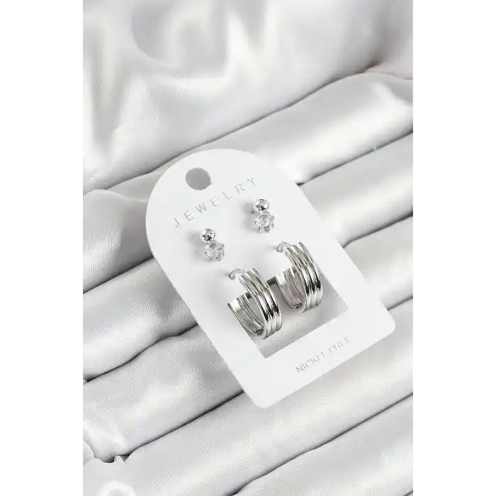 Pirinç Zirkon Taş Ve Halka Figürlü Gümüş Renk 3lü Çift Kadın Küpe Set