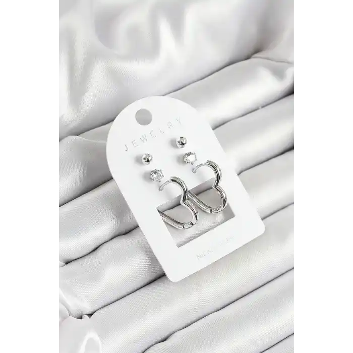 Pirinç Zirkon Taş Ve Kalp Figürlü Gümüş Renk 3lü Çift Kadın Küpe Set