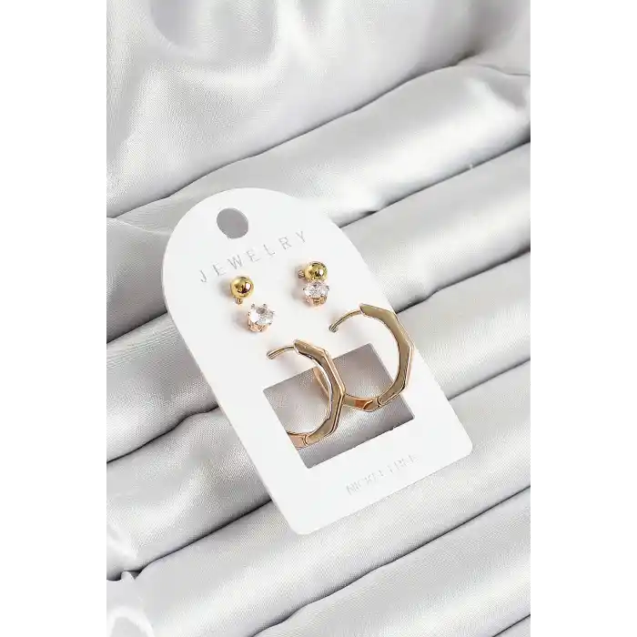 Pirinç Zirkon Taş Ve Kemik Halka Figürlü Gold Renk 3lü Çift Kadın Küpe Set