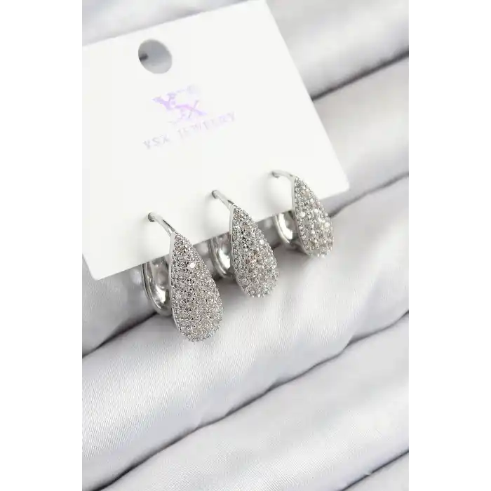 Pirinç Zirkon Taşlı 3lü Damla Model Gümüş Renk Kadın Küpe