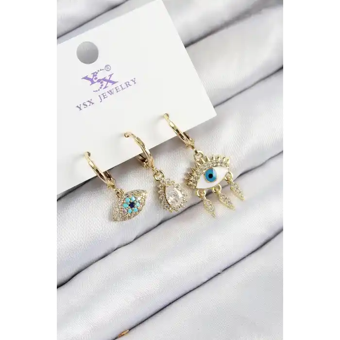 Pirinç Zirkon Taşlı 3lü Fatmanın Gözü Model Gold Renk Kadın Küpe
