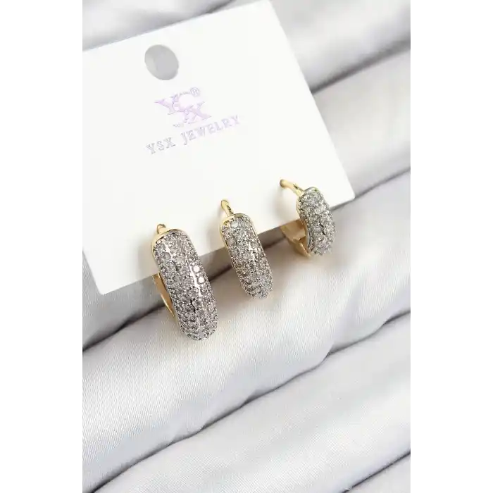 Pirinç Zirkon Taşlı 3lü Halka Model Gold Ve Gümüş Renk Kadın Küpe