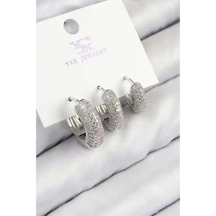 Pirinç Zirkon Taşlı 3lü Halka Model Gümüş Renk Kadın Küpe