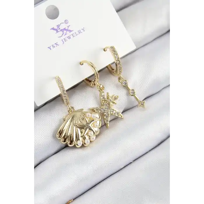 Pirinç Zirkon Taşlı 3lü İstiridye Ve Yıldız Model Gold Renk Kadın Küpe