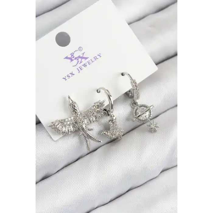 Pirinç Zirkon Taşlı 3lü Kuş Model Gümüş Renk Kadın Küpe