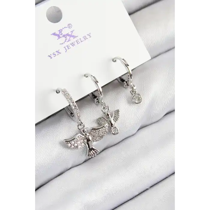 Pirinç Zirkon Taşlı 3lü Kuş Model Gümüş Renk Kadın Küpe