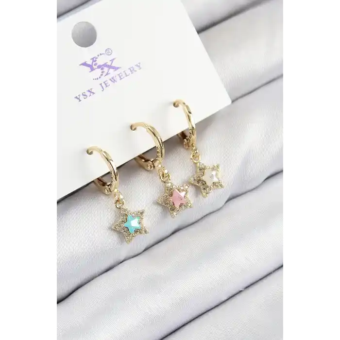Pirinç Zirkon Taşlı 3lü Renkli Yıldız Model Gold Renk Kadın Küpe