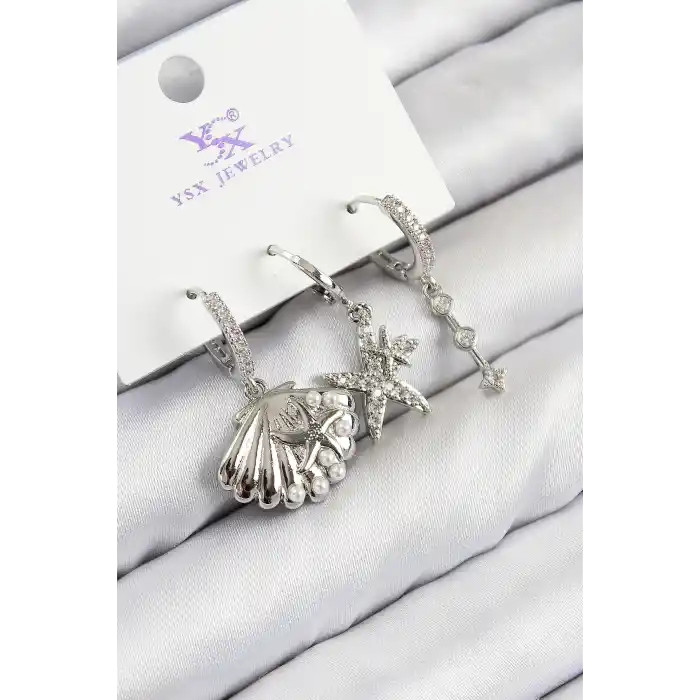 Pirinç Zirkon Taşlı 3lü Yıldız Ve İstiridye Model Gümüş Renk Kadın Küpe