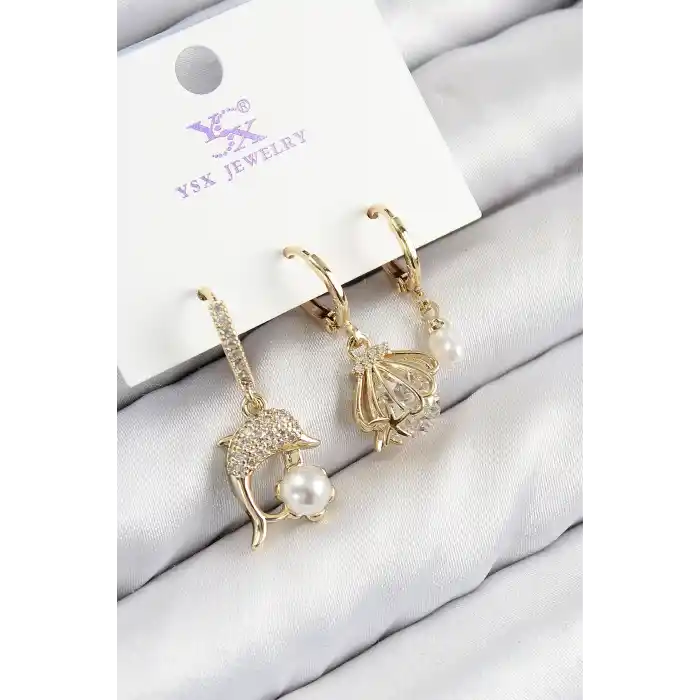 Pirinç Zirkon Taşlı 3lü Yunus Balığı Ve İstiridye Model Gold Renk Kadın Küpe