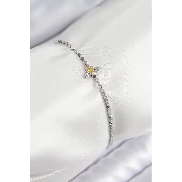Pirinç Zirkon Taşlı Arı Model Ezme Zincir Gümüş Renk Kadın Bileklik