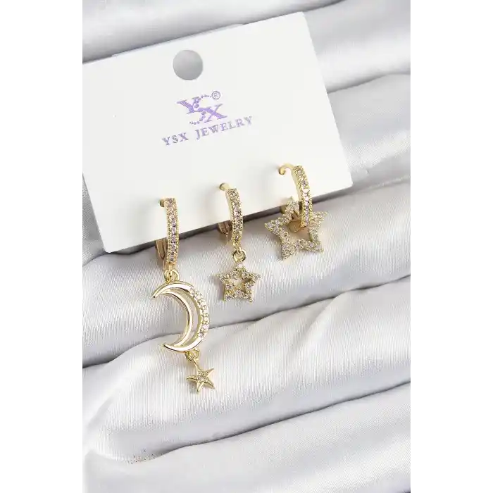 Pirinç Zİrkon Taşlı Ay Ve Hilal Model Gold Renk 3lü Kadın Küpe