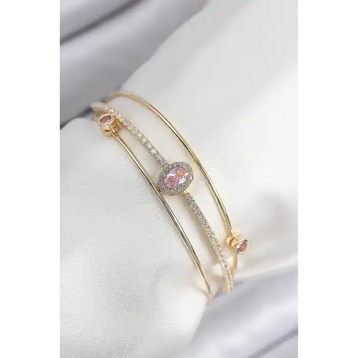 Pirinç Zirkon Taşlı Baget Model Gold Renk Kadın Bileklik