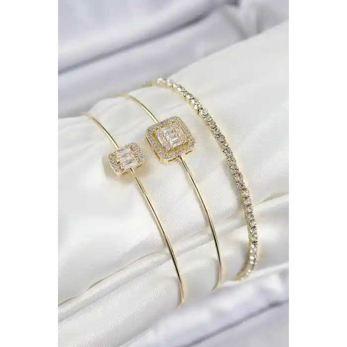 Pirinç Zirkon Taşlı Baget Model Gold Renk Vip 3lü Kadın Bileklik