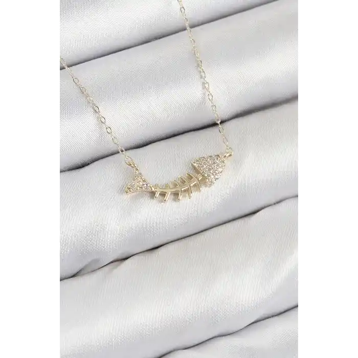 Pirinç Zirkon Taşlı Balık Kılçığı Model Gold Renk Kadın Kolye