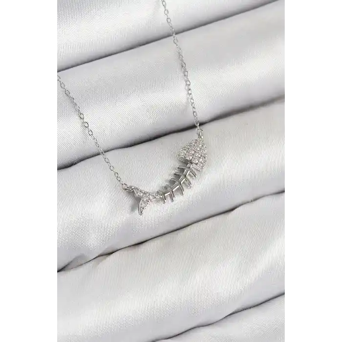 Pirinç Zirkon Taşlı Balık Kılçığı Model Gümüş Renk Kadın Kolye