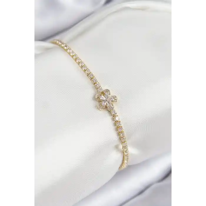 Pirinç Zirkon Taşlı Çiçek Model Gold Renk Kadın Bileklik