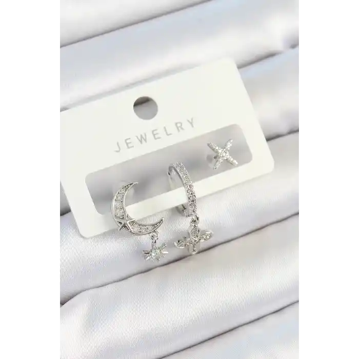 Pirinç Zirkon Taşlı Çiçek Ve Ay Model Gümüş Renk 3lü Çift Kadın Küpe Set