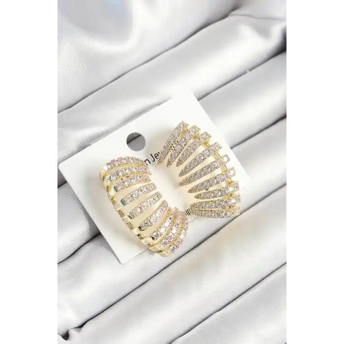 Pirinç Zirkon Taşlı Çoklu Görünümlü Model Gold Renk Kadın Küpe