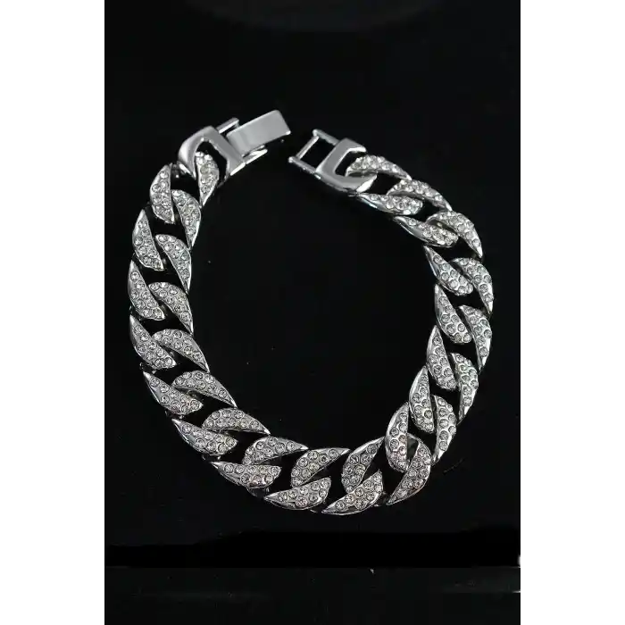 Pirinç Zirkon Taşlı Cuba Gurmet Model Gümüş Renk Erkek Bileklik