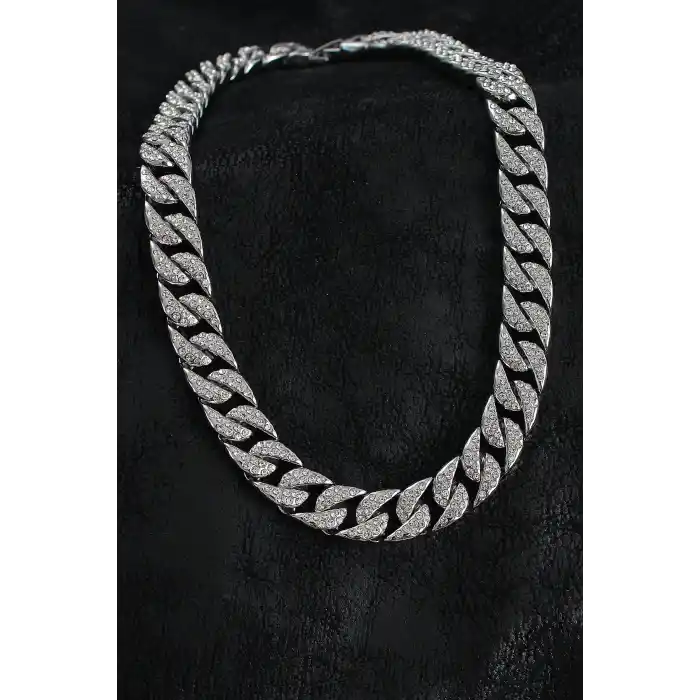 Pirinç Zirkon Taşlı Cuba Gurmet Model Gümüş Renk Erkek Kolye