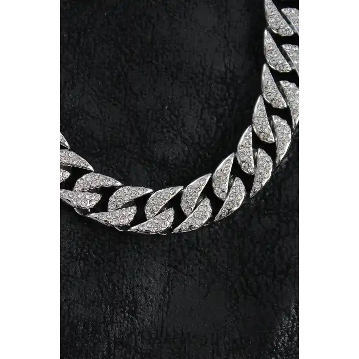 Pirinç Zirkon Taşlı Cuba Gurmet Model Gümüş Renk Erkek Kolye