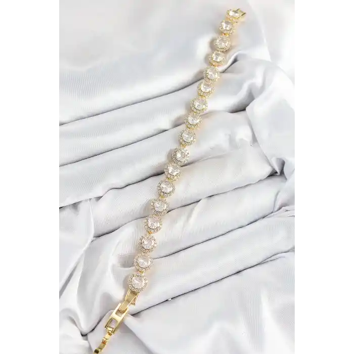 Pirinç Zirkon Taşlı Daire Baget Model Gold Renk VIP Seri Kadın Bileklik