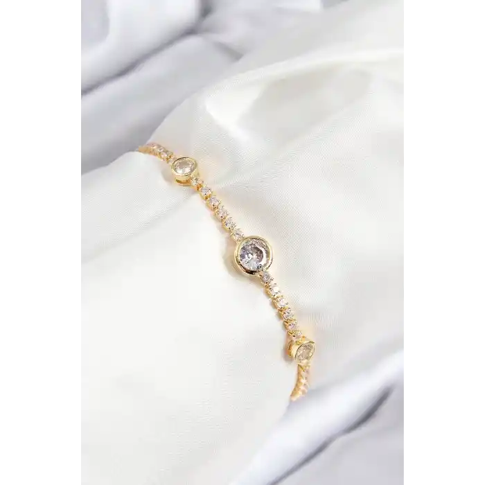 Pirinç Zirkon Taşlı Daire Model Gold Renk Asansörlü Kadın Bileklik