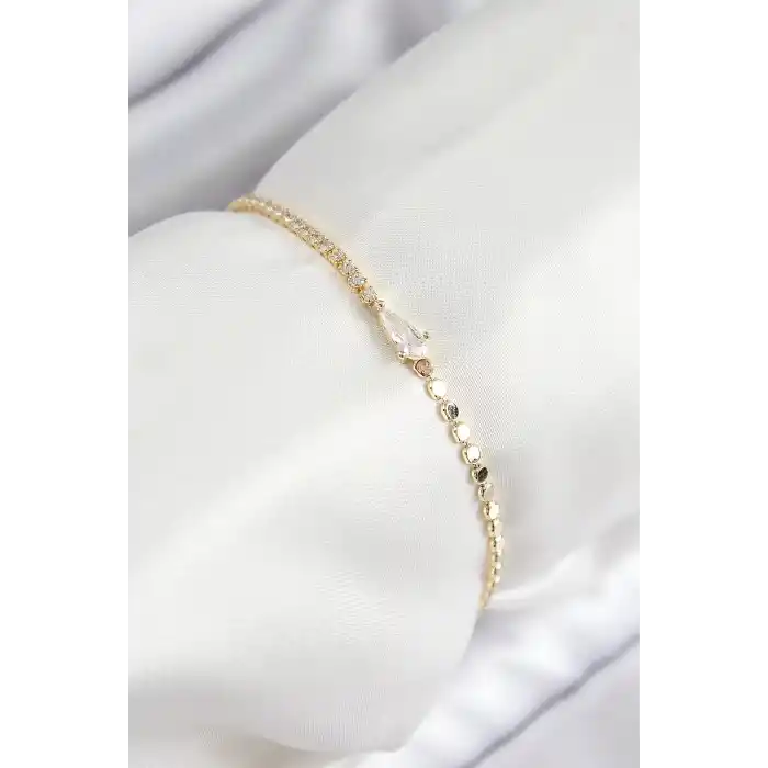Pirinç Zirkon Taşlı Damla Model Ezme Zincir Gold Renk Kadın Bileklik