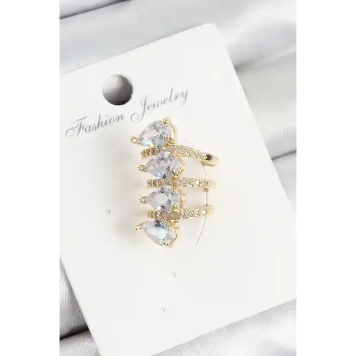 Pirinç Zirkon Taşlı Damla Model Gold Renk Sağ Kıkırdak Küpe