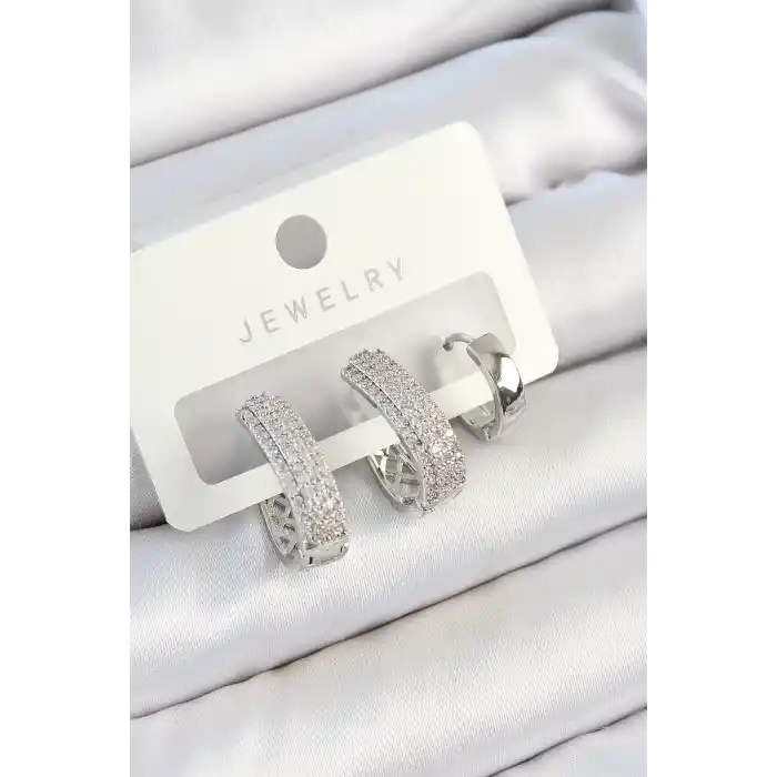 Pirinç Zirkon Taşlı Damla Model Gümüş Renk 3lü Çift Kadın Küpe Set