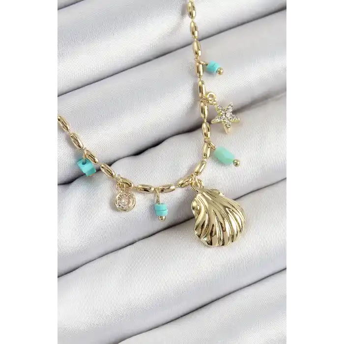 Pirinç Zirkon Taşlı Deniz Kabuğu Model Gold Renk Kadın Kolye