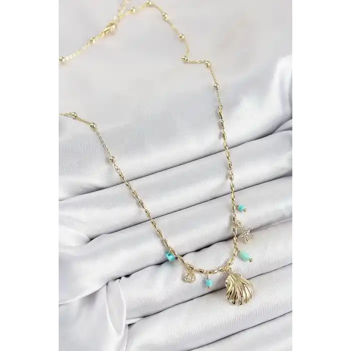 Pirinç Zirkon Taşlı Deniz Kabuğu Model Gold Renk Kadın Kolye