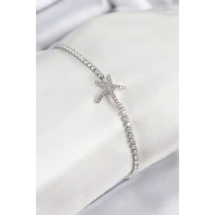 Pirinç Zirkon Taşlı Deniz Yıldızı Model Gümüş Renk Kadın Bileklik