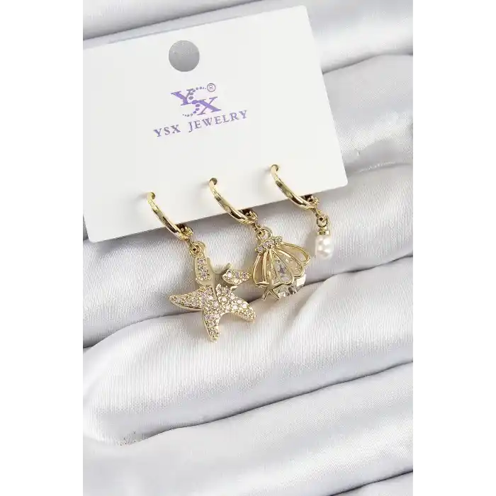 Pirinç Zİrkon Taşlı Deniz Yıldızı Ve İstiridye Model Gold Renk 3lü Kadın Küpe