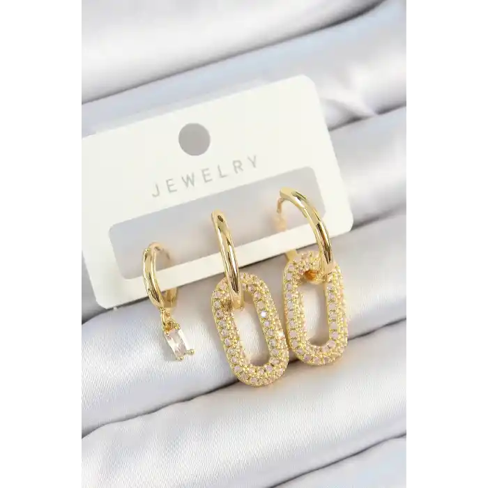 Pirinç Zirkon Taşlı Dikdörtgen Model Gold Renk 3lü Çift Kadın Küpe Set