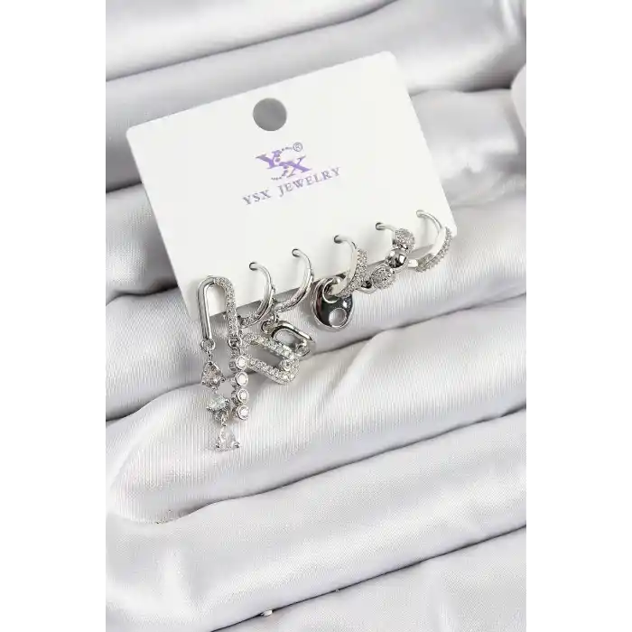 Pirinç Zİrkon Taşlı Dikdörtgen Model Gümüş Renk 3lü Çift Kadın Küpe