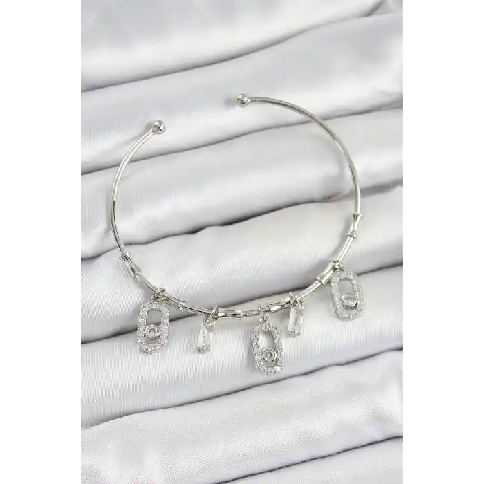 Pirinç Zirkon Taşlı Dikdörtgen Model Gümüş Renk Charm Bileklik