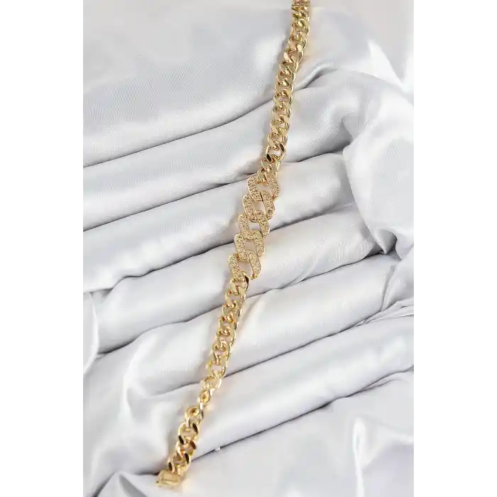 Pirinç Zirkon Taşlı Ezme Küba Zincir Model Gold Renk Kadın Bileklik