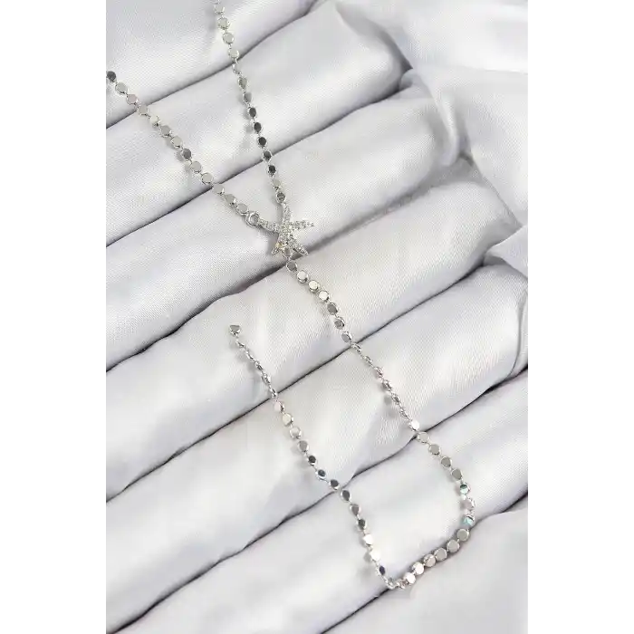 Pirinç Zirkon Taşlı Ezme Zincirli Deniz Yıldızı Model Gümüş Renk Y Kolye