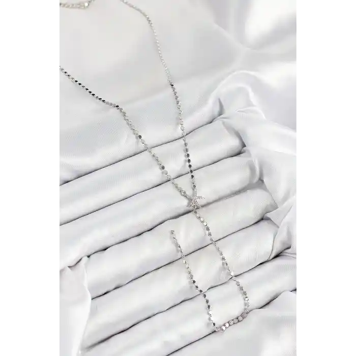 Pirinç Zirkon Taşlı Ezme Zincirli Deniz Yıldızı Model Gümüş Renk Y Kolye