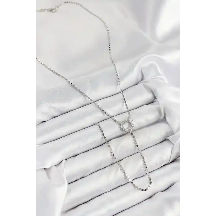 Pirinç Zirkon Taşlı Ezme Zincirli Kalp Model Gümüş Renk Y Kolye