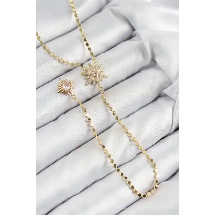 Pirinç Zirkon Taşlı Ezme Zincirli Kutup Yıldızı Model Gold Renk Y Kolye