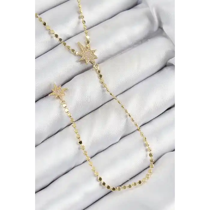 Pirinç Zirkon Taşlı Ezme Zincirli Kutup Yıldızı Model Gold Renk Y Kolye