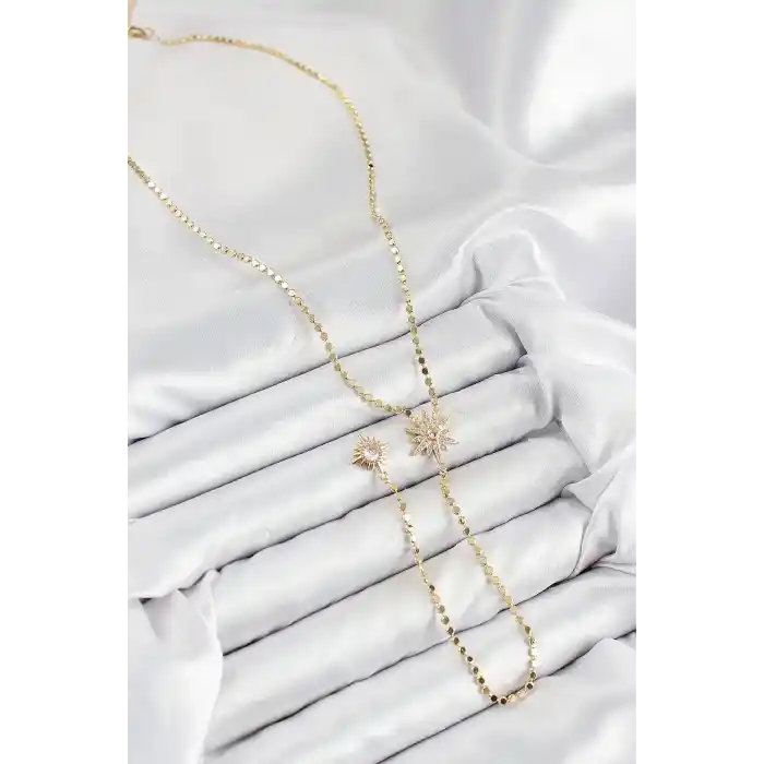 Pirinç Zirkon Taşlı Ezme Zincirli Kutup Yıldızı Model Gold Renk Y Kolye