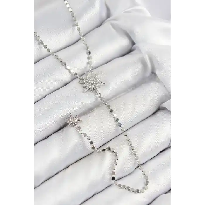 Pirinç Zirkon Taşlı Ezme Zincirli Kutup Yıldızı Model Gümüş Renk Y Kolye