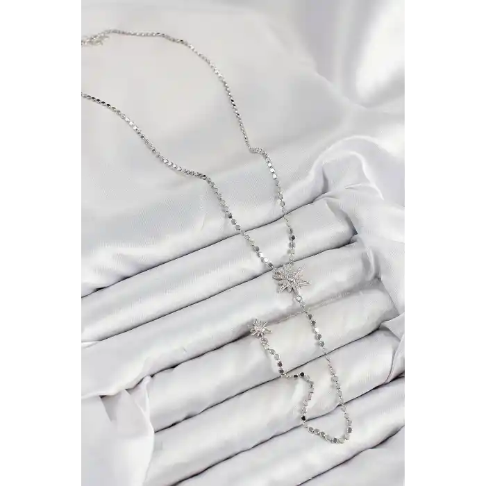 Pirinç Zirkon Taşlı Ezme Zincirli Kutup Yıldızı Model Gümüş Renk Y Kolye