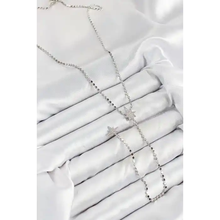 Pirinç Zirkon Taşlı Ezme Zincirli Kutup Yıldızı Model Gümüş Renk Y Kolye